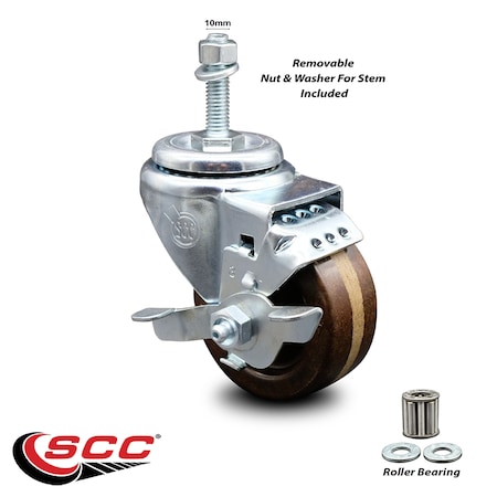 Service Caster 3 Inch High Temp Phenolic Wheel Swivel 10mm Threaded Stem Caster with Brake SCC-TS20S314-PHRHT-TLB-M1015